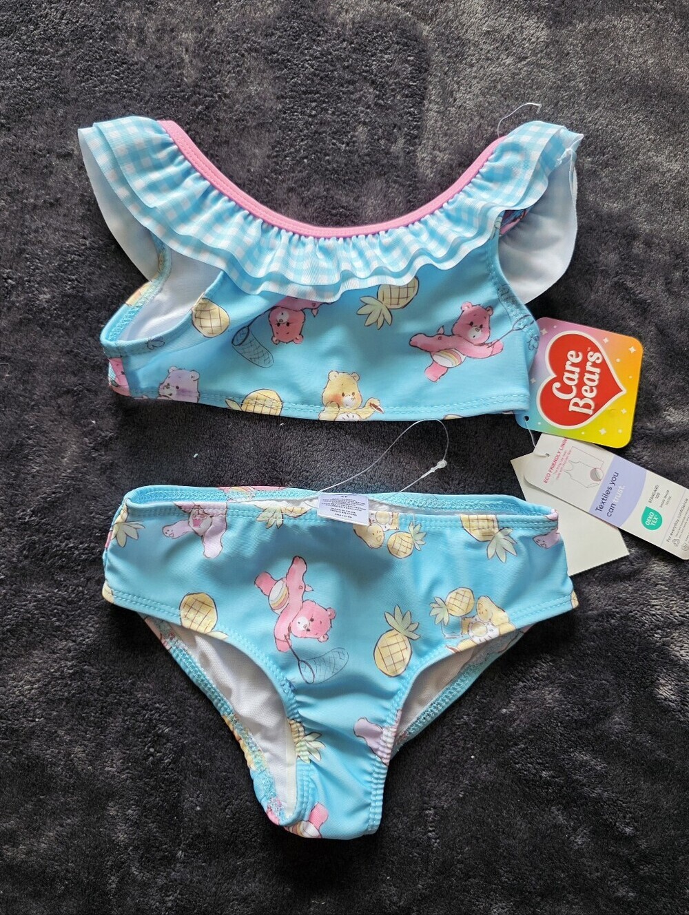 New Care Bear toddler's 4t 2-Pc Swimsuit Bikini Blue Pink Checkered Ruffle top